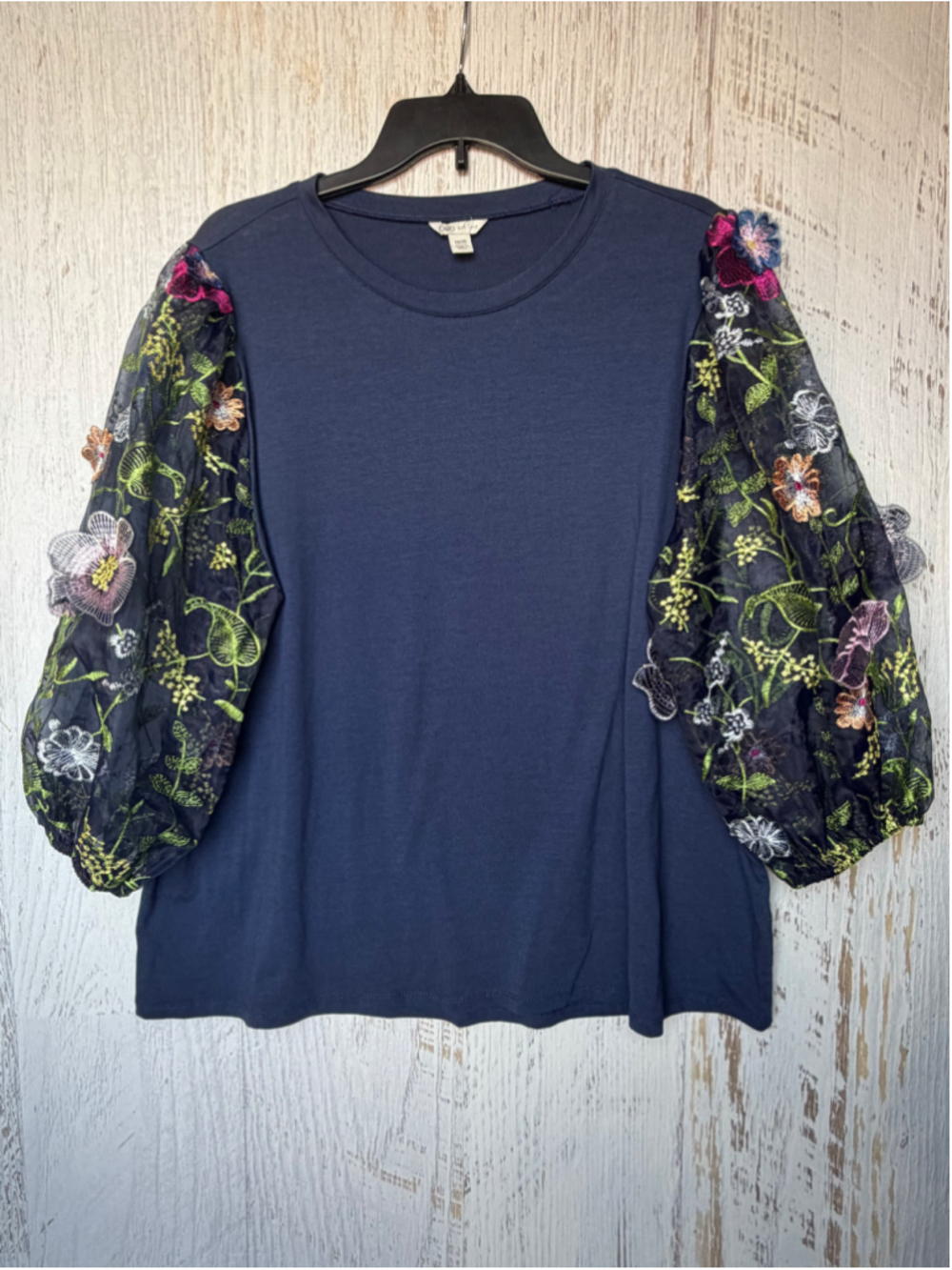 Women's Cato Navy Floral Embroidered Sheer Sleeve Blouse Size 18
